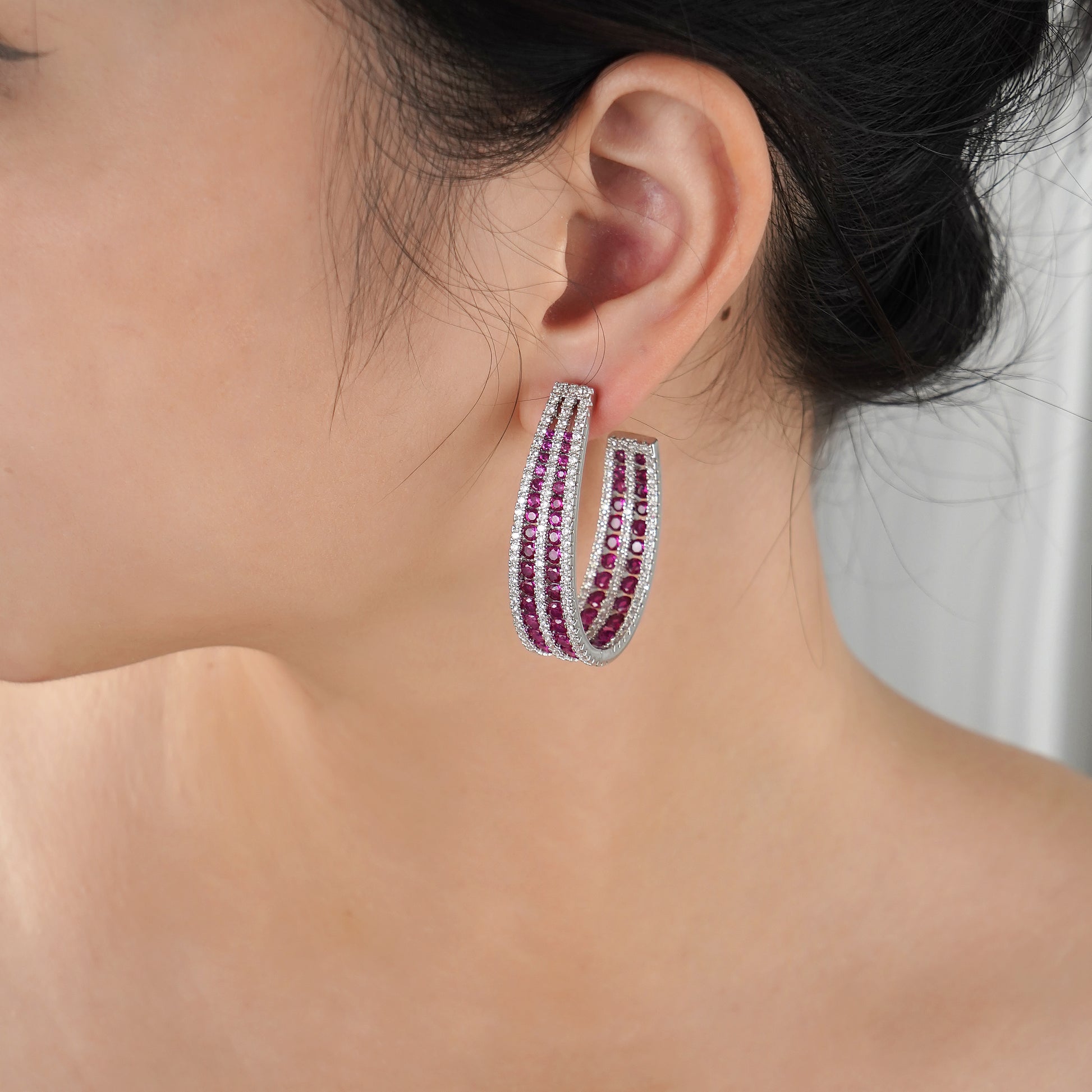 Inside out Statement Hoop Earring with Simulated Diamond and Ruby in Brass and Silver post- Stars and Vogue