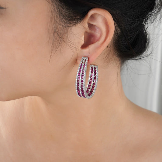 Inside out Statement Hoop Earring with Simulated Diamond and Ruby in Brass and Silver post- Stars and Vogue