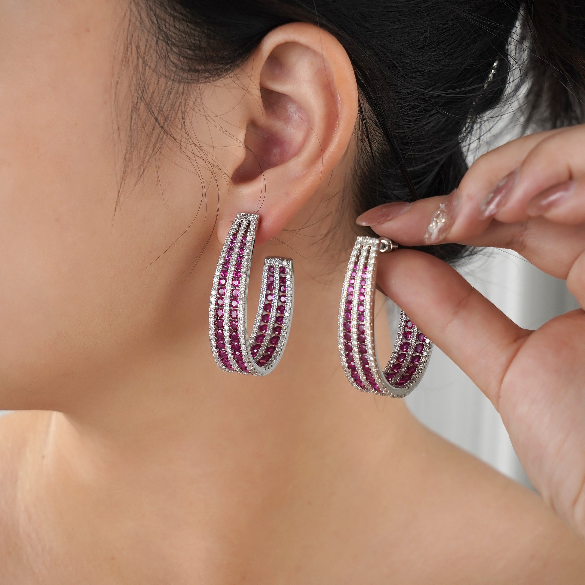 Inside out Statement Hoop Earring with Simulated Diamond and Ruby in Brass and Silver post- Stars and Vogue