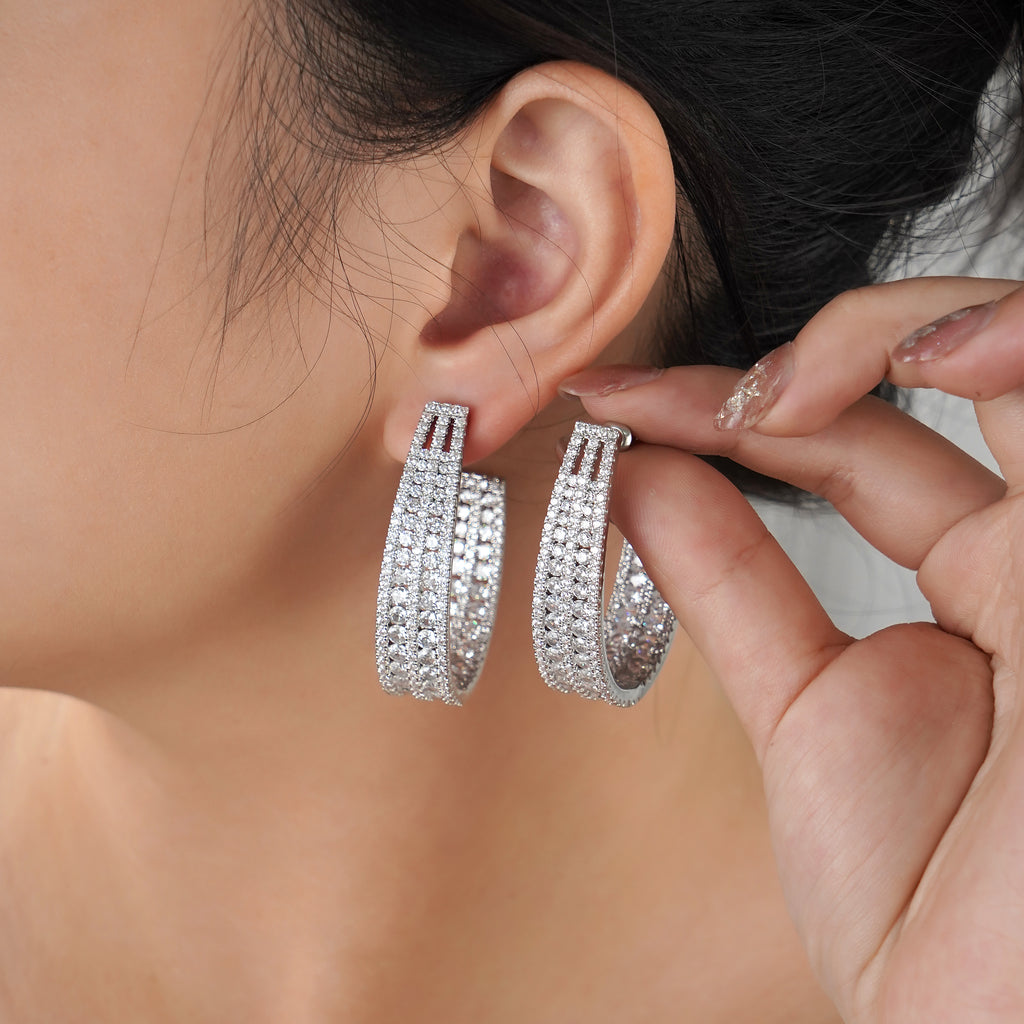 Inside out Statement Hoop Earring with Simulated Diamond in Brass and Silver post- Stars and Vogue