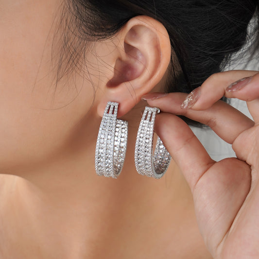 Inside out Statement Hoop Earring with Simulated Diamond in Brass and Silver post- Stars and Vogue