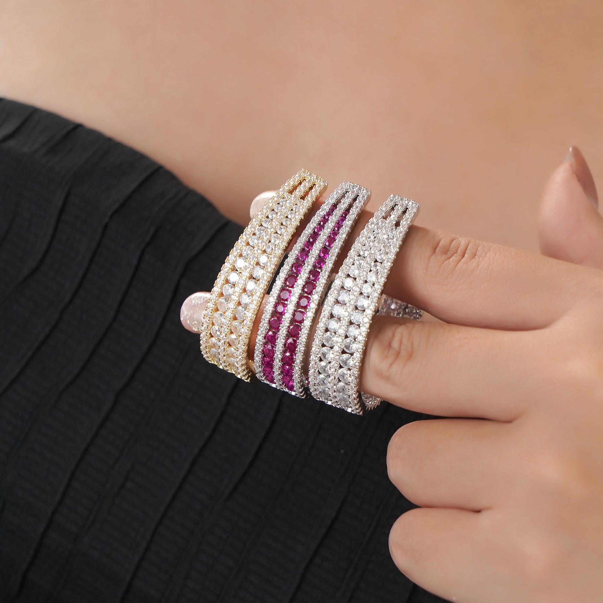 Inside out Statement Hoop Earring with Simulated Diamond and Ruby in Brass and Silver post- Stars and Vogue