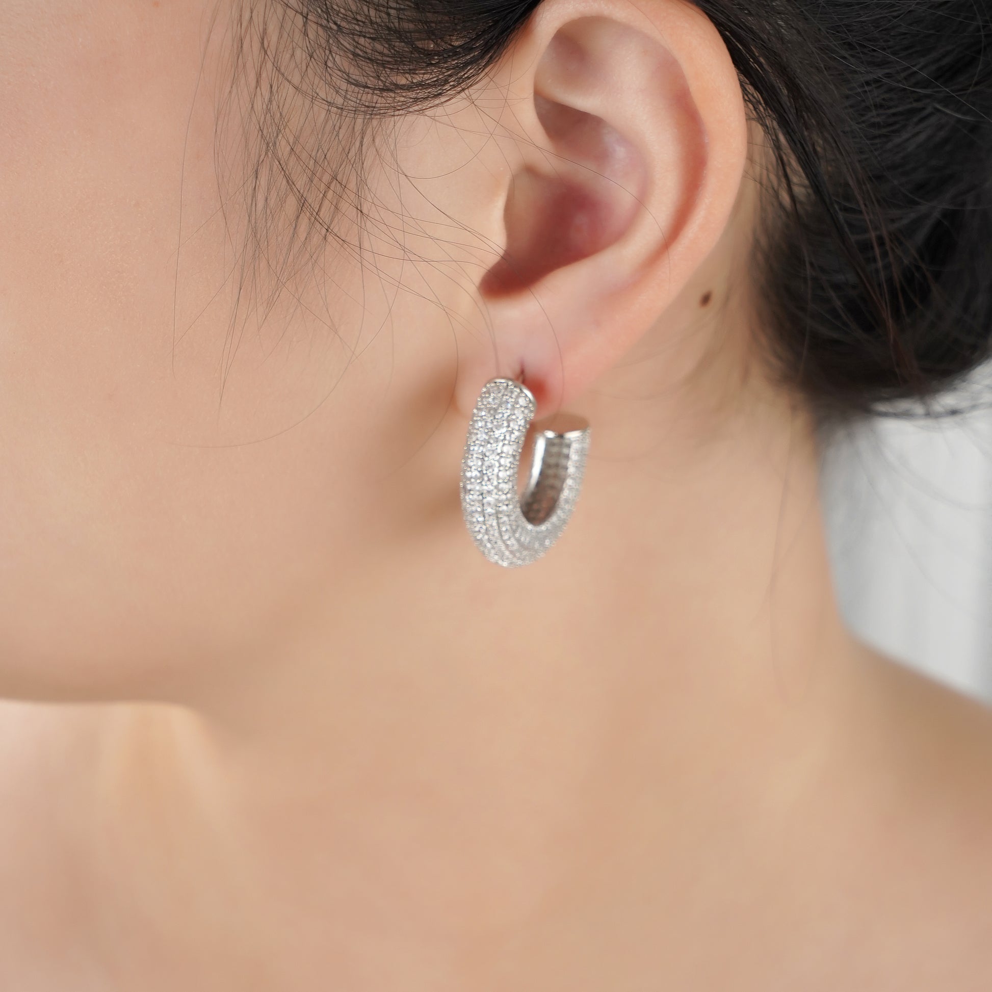 Hoop Earring with Pave Simulated Diamond in Brass and Silver Post- Stars and Vogue