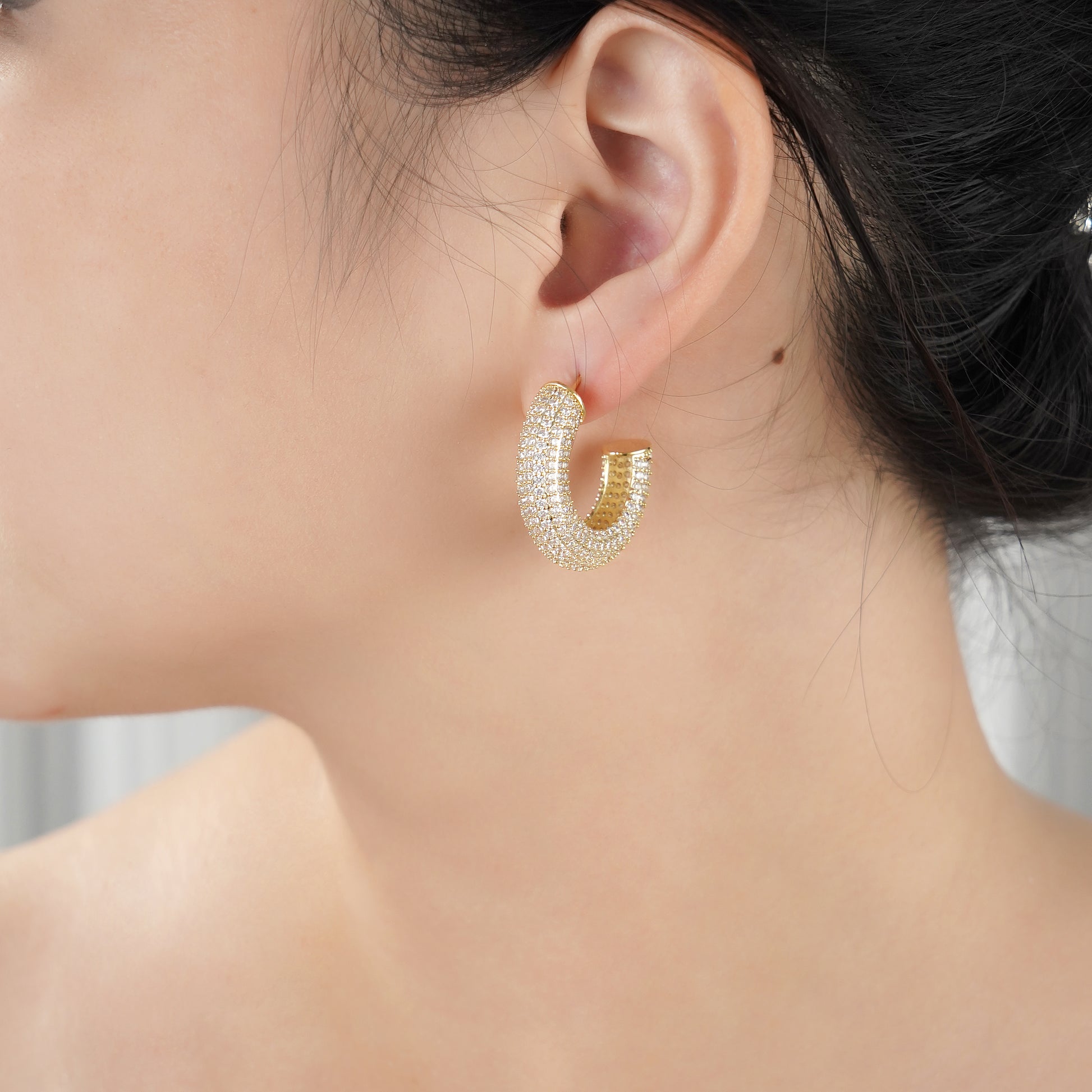 Hoop Earring with Pave Simulated Diamond in Brass and Silver Post and Yellow Gold Plated- Stars and Vogue