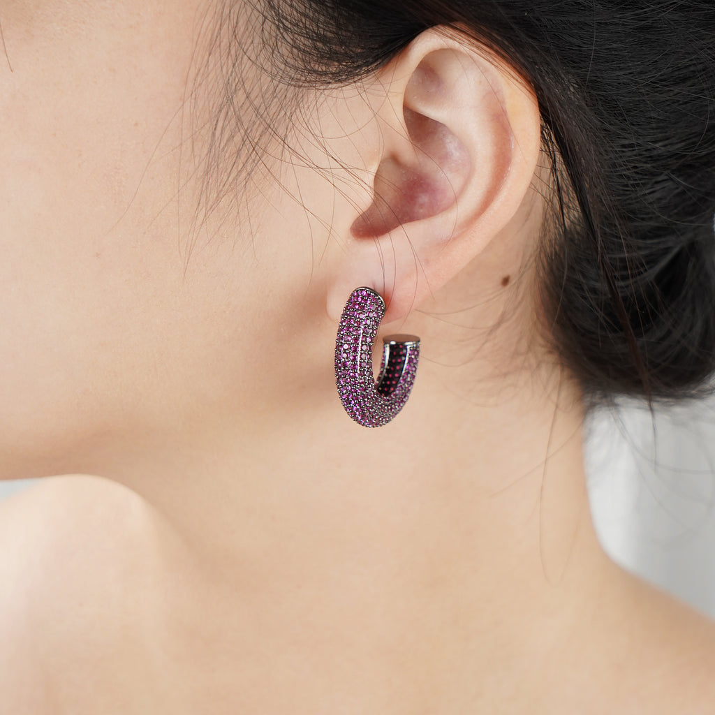 Hoop Earring with Pave Simulated Red Diamond in Brass and Silver Post- Stars and Vogue