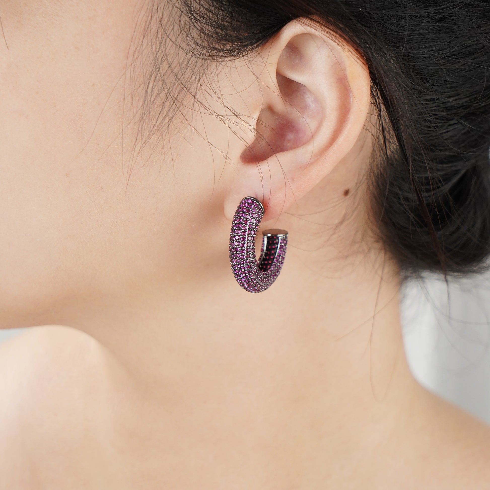Hoop Earring with Pave Simulated Red Diamond in Brass and Silver Post- Stars and Vogue