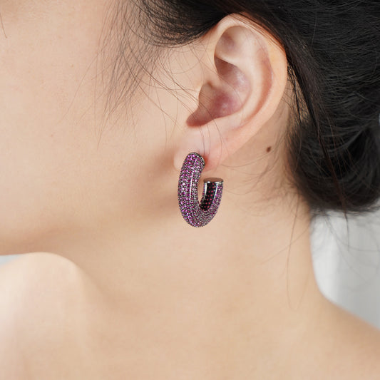 Hoop Earring with Pave Simulated Red Diamond in Brass and Silver Post- Stars and Vogue