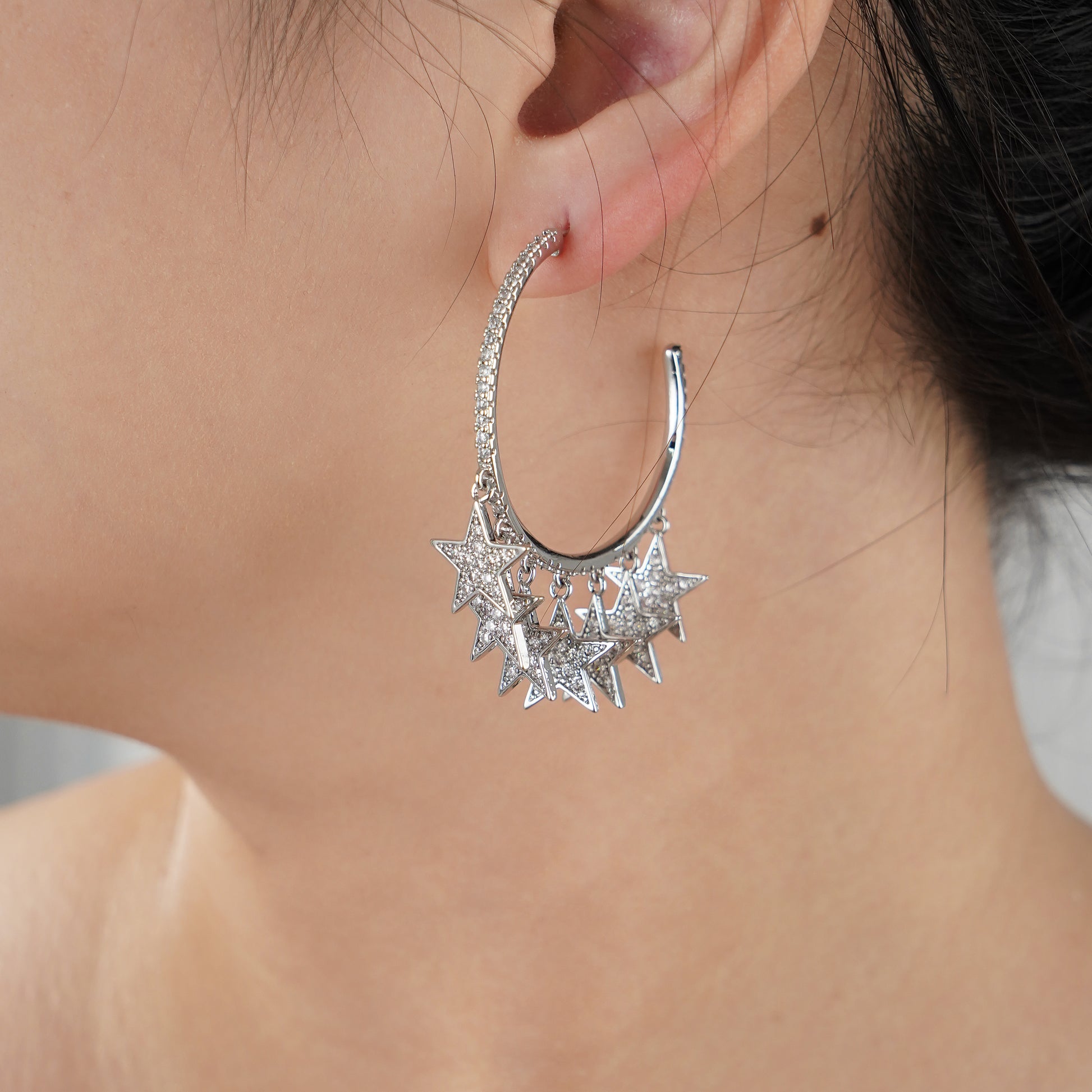 Stars Charm Hoop Earring with Pave Simulated Diamond in Brass and Silver Post- Stars and Vogue