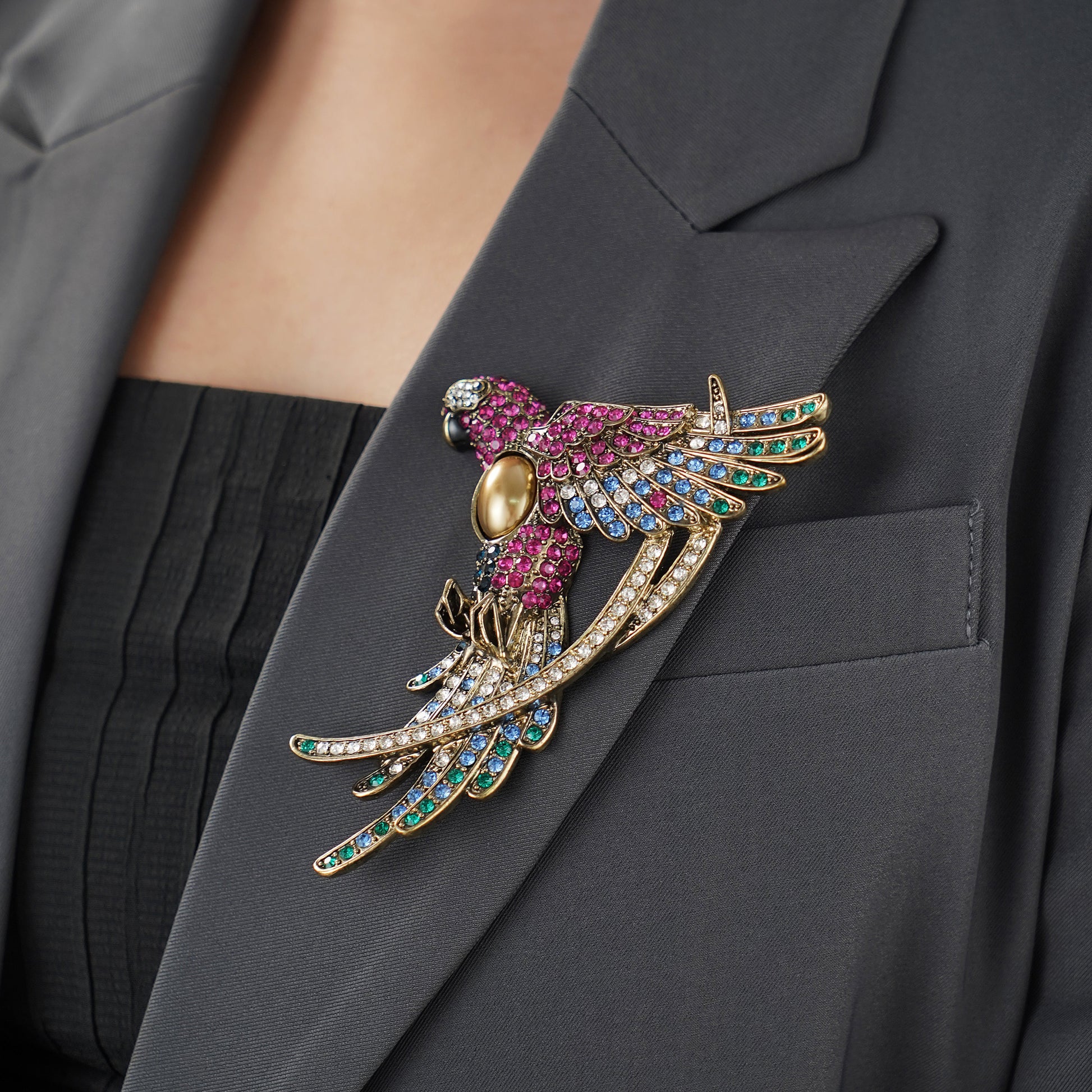 Statement Parrot Brooch Pin Jewelry with Multicolor Crystal in Yellow Gold Plating over Brass- Stars and Vogue