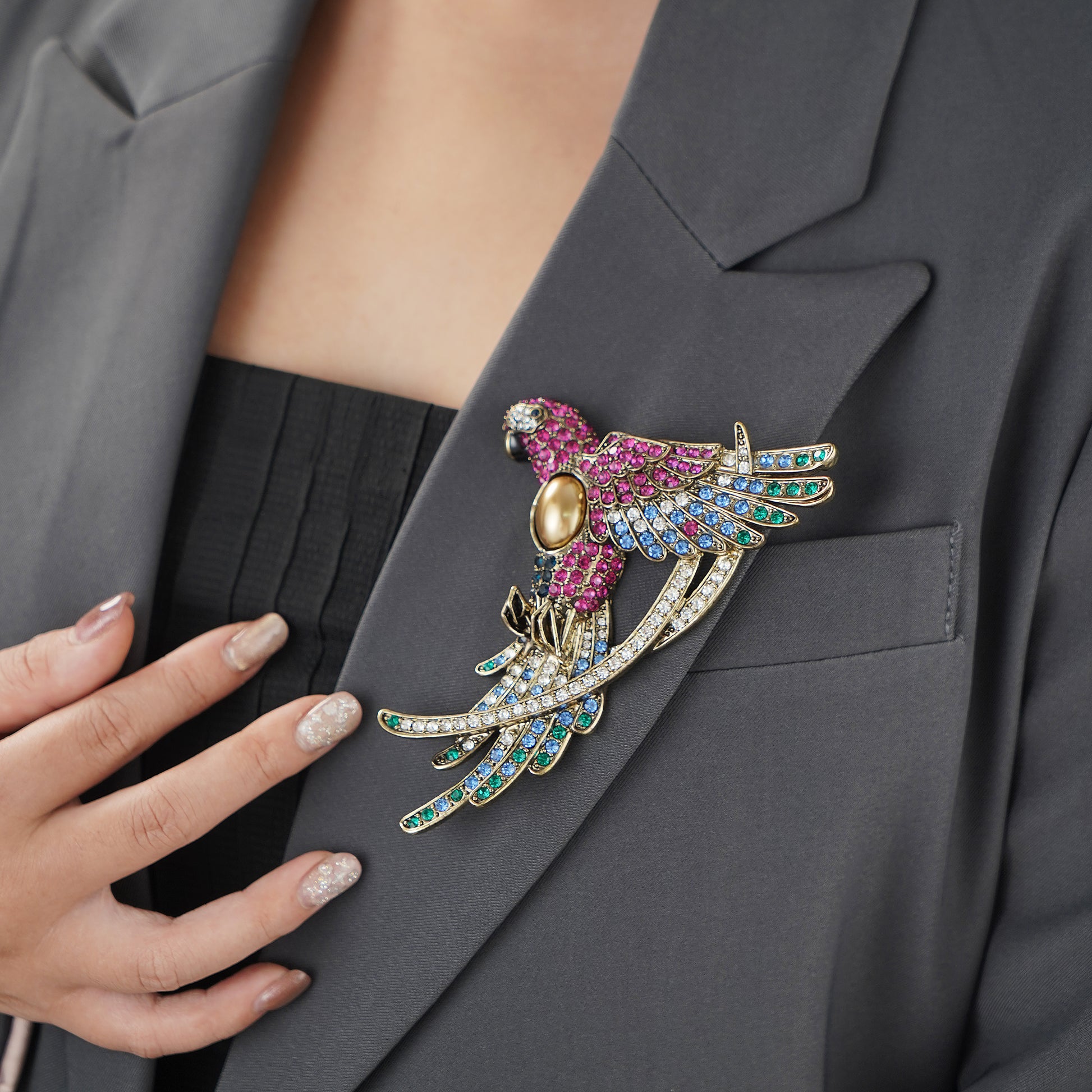 Statement Parrot Brooch Pin Jewelry with Multicolor Crystal in Yellow Gold Plating over Brass- Stars and Vogue