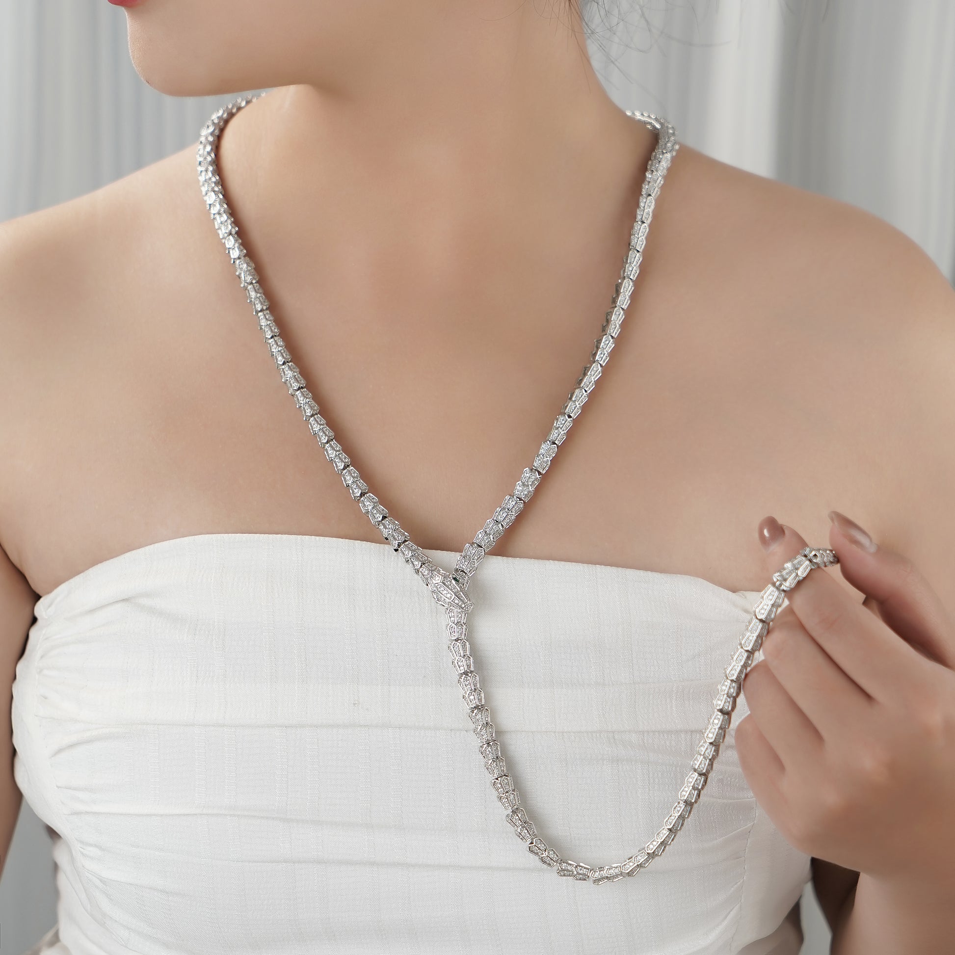 Designer Statement Snake Wrap Necklace with pave Diamond in Brass 36"- Stars and Vogue