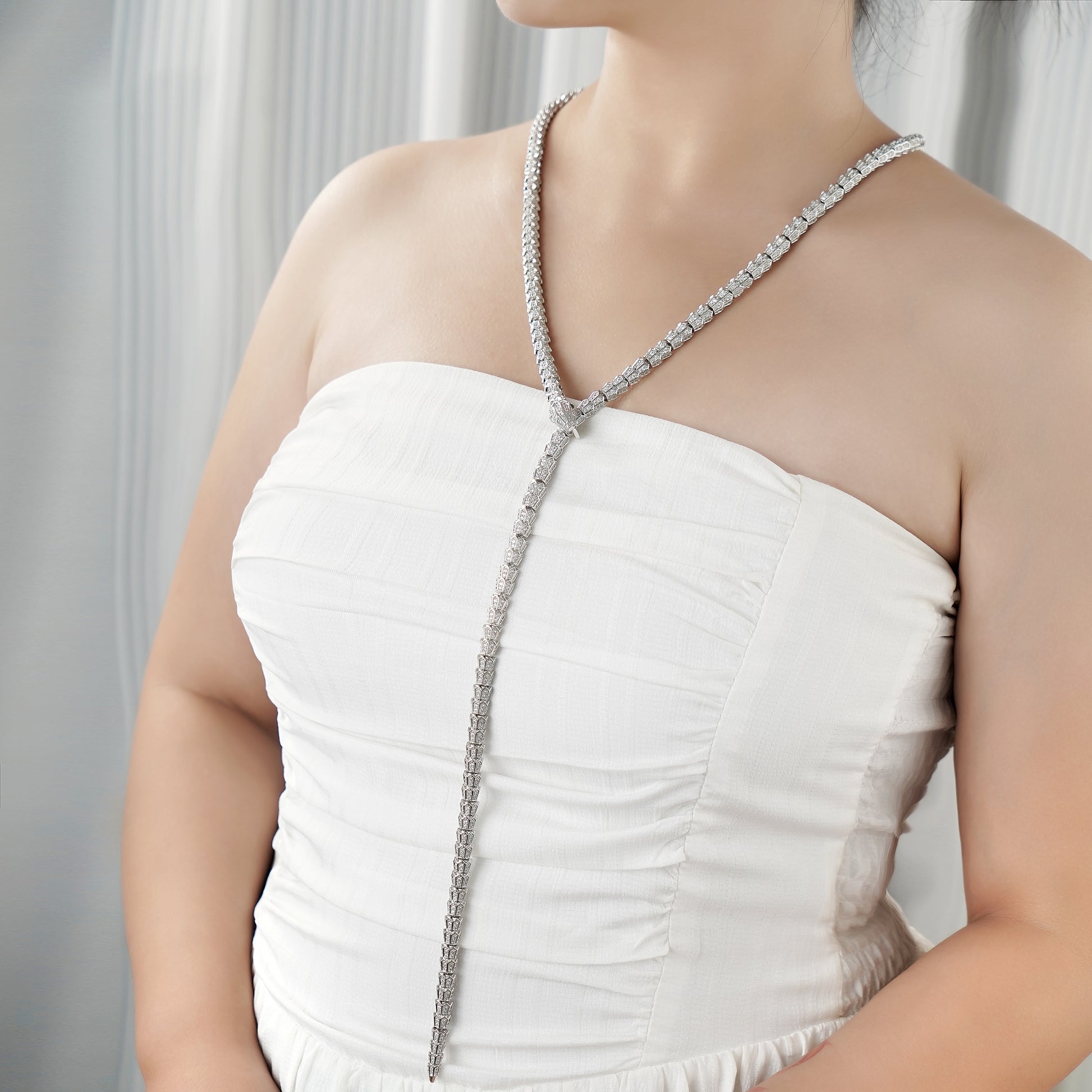 Designer Statement Snake Wrap Necklace with pave Diamond in Brass 36"- Stars and Vogue