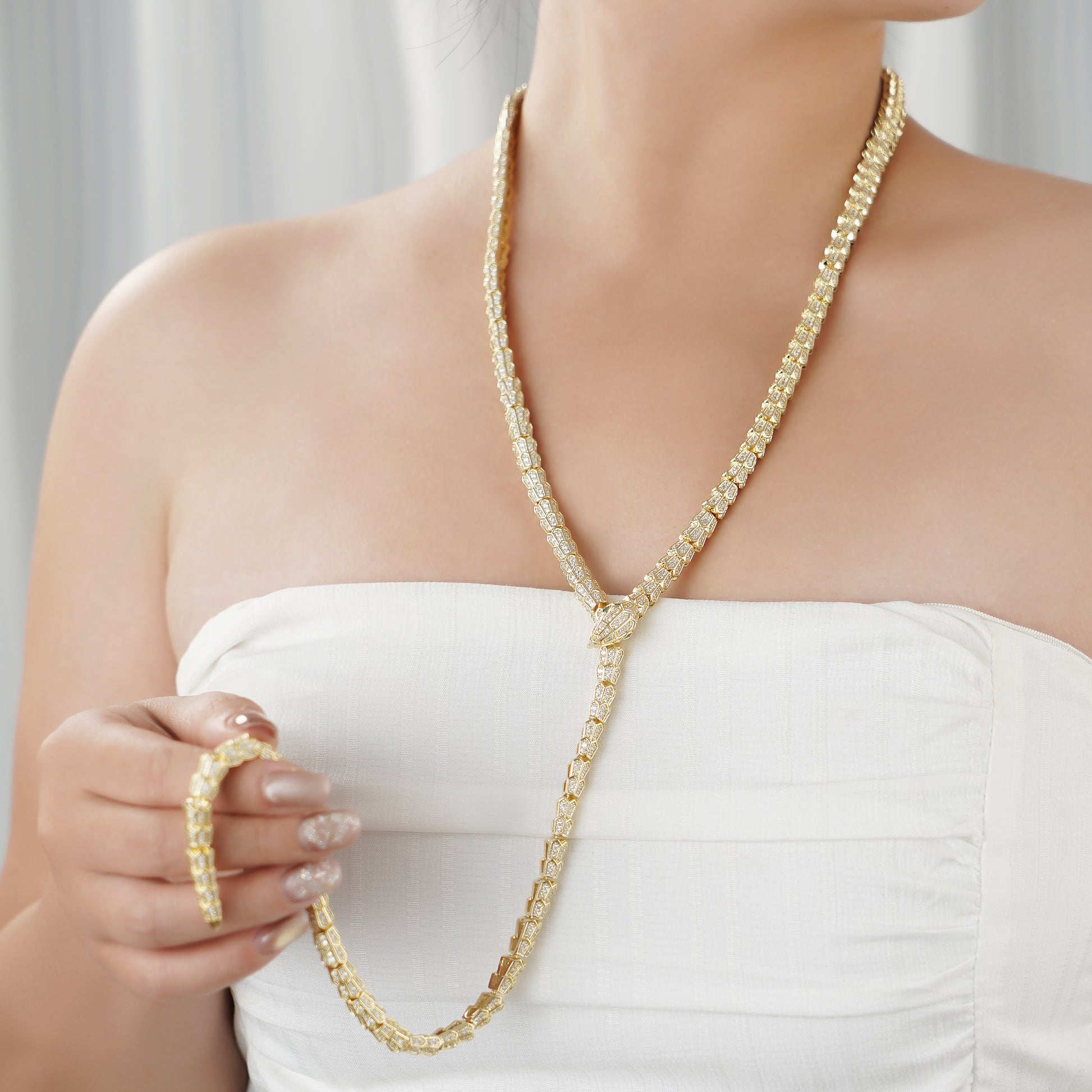 Designer Statement Snake Wrap Necklace with pave Diamond in Yellow Gold plating over Brass 36"- Stars and Vogue