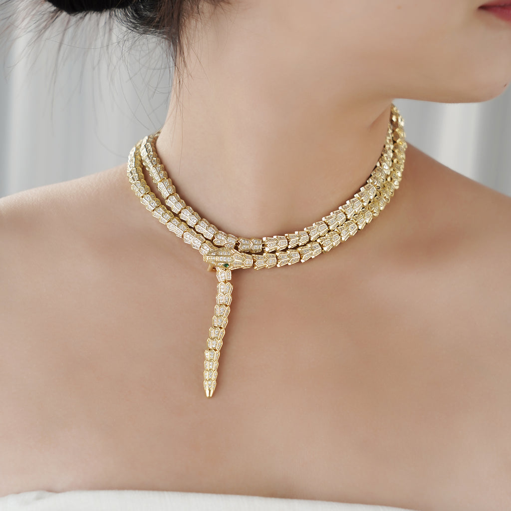 Designer Statement Snake Wrap Necklace with pave Diamond in Yellow Gold plating over Brass 36"- Stars and Vogue