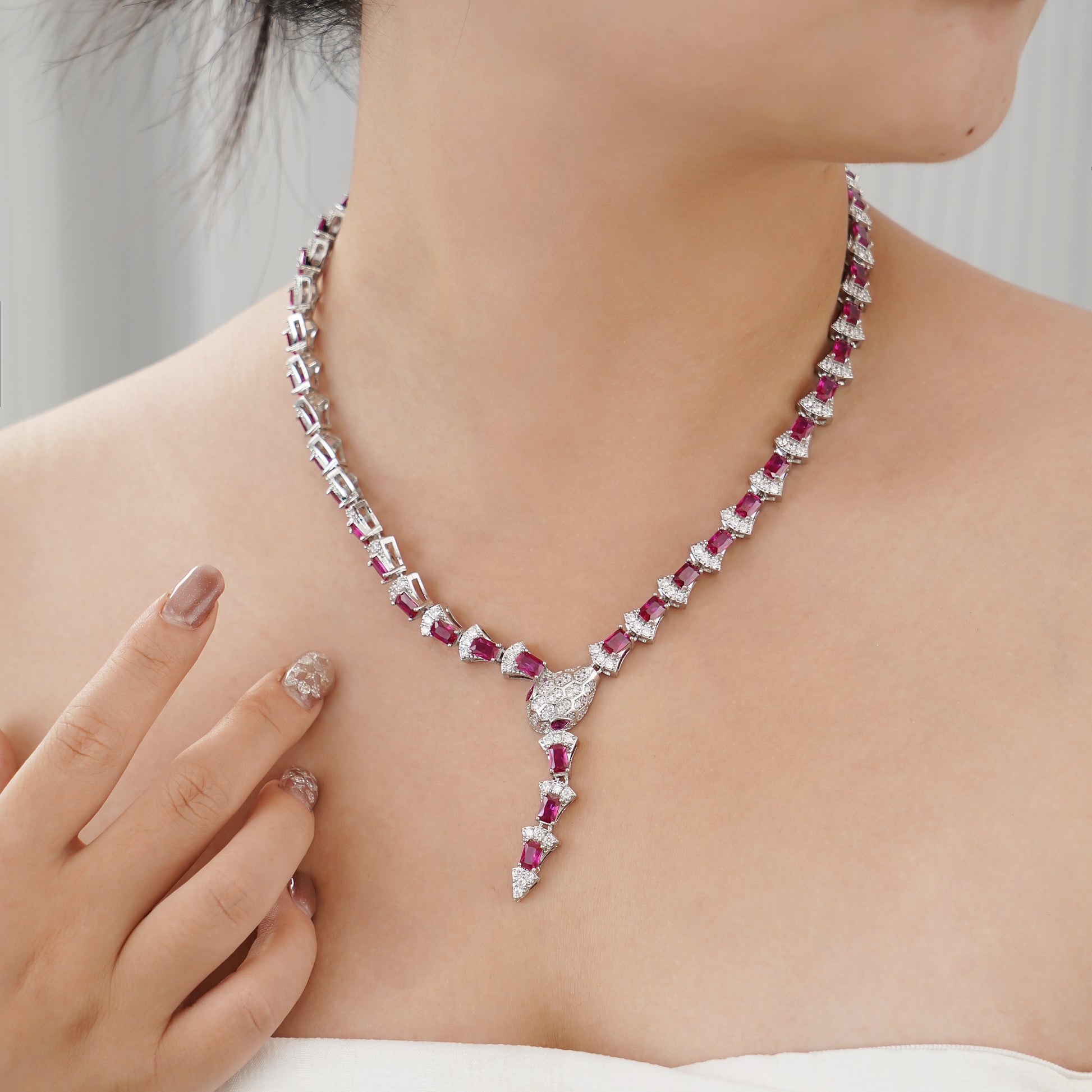 Statement Snake Necklace on Model in Pave Simulated Diamond and Simulated Ruby in Brass 17" and Extender- Stars and Vogue