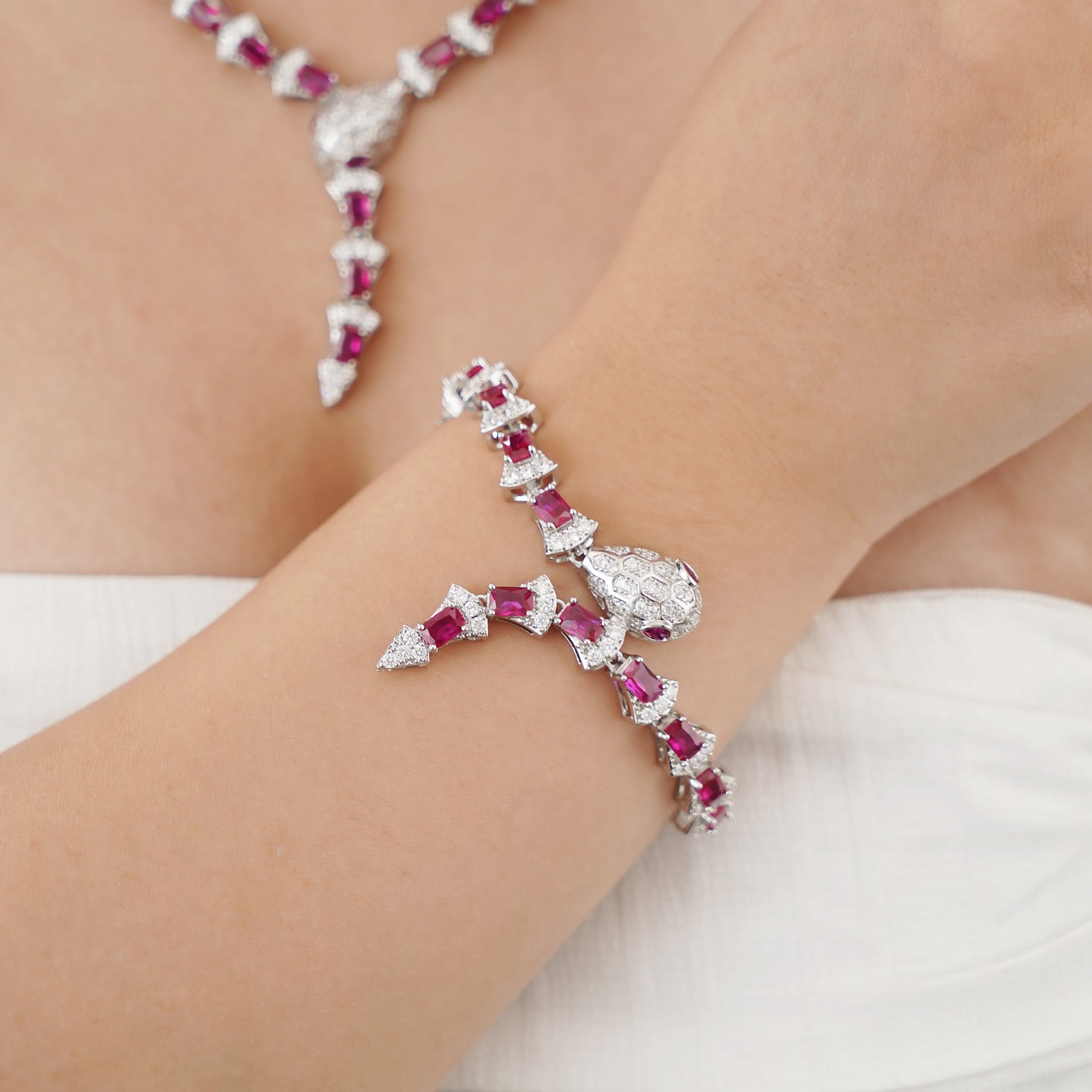 Statement Snake Bracelet on Model in Pave Simulated Diamond and Simulated Ruby in Brass 7.5"and Extender- Stars and Vogue