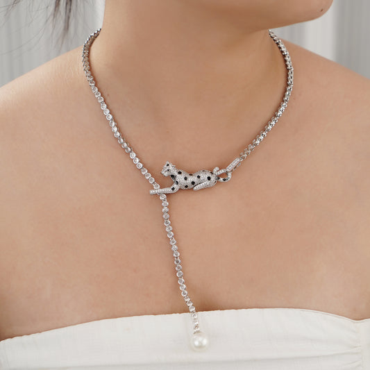 Leopard Adjustable Length Necklace with Pave Simulated Diamond and Pearl 24"- Stars and Vogue