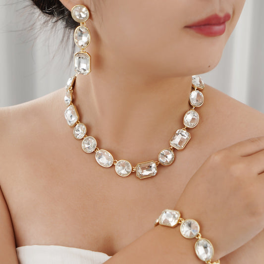 Art Deco Jewelry Set with White Crystals in Yellow Gold Brass Model Image-Stars and Vogue