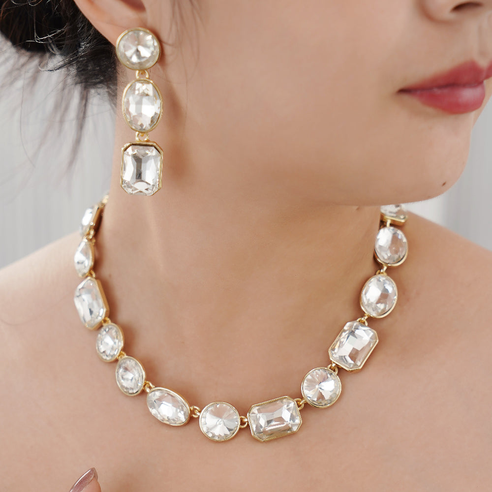 Art Deco Jewelry Set with White Crystals in Yellow Gold Brass-Stars and Vogue