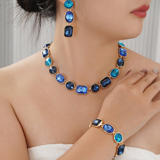 Art Deco Jewelry Set with Multi Color Blue Crystals in Yellow Gold Brass with 16.5"+2"extender-Stars and Vogue
