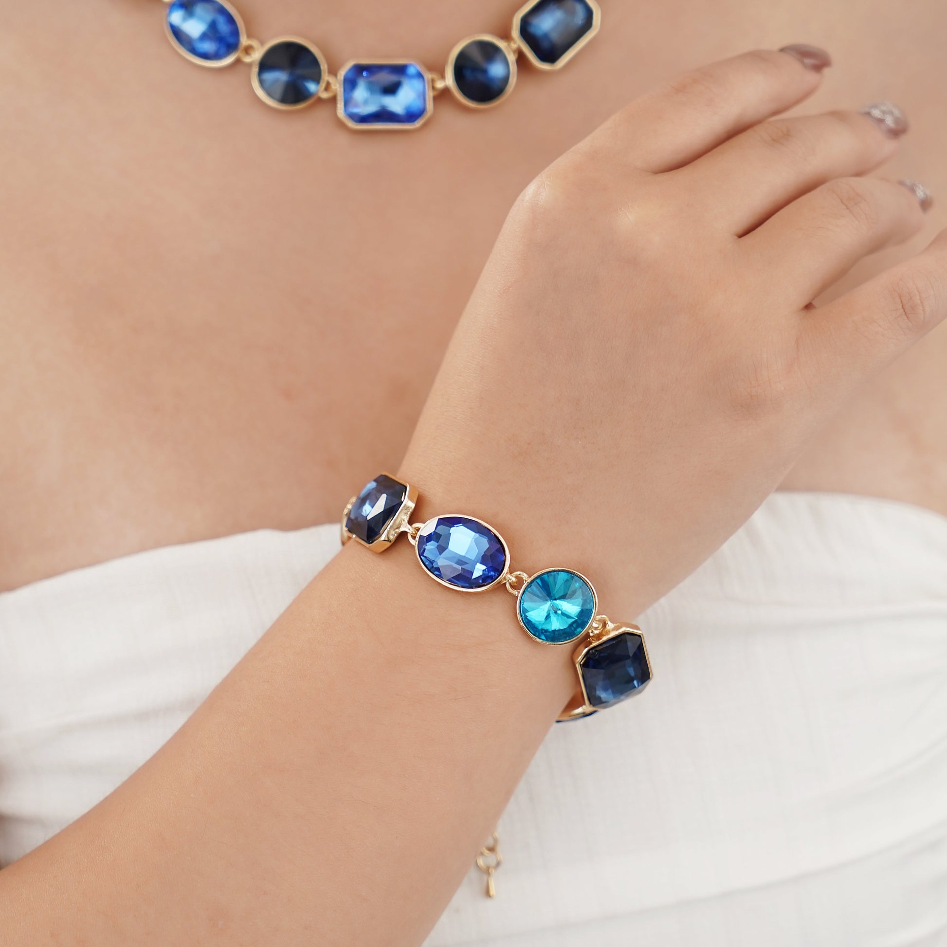 Art Deco Jewelry Set with Multi Color Blue Crystals in Yellow Gold Brass with 16.5"+2"extender-Stars and Vogue