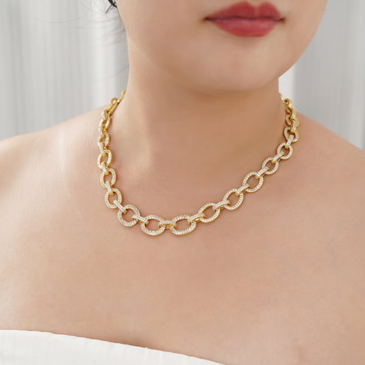 Gold Link Pave Chain in Simulated Diamond and Brass in Yellow gold Plating 18"- Stars and Vogue