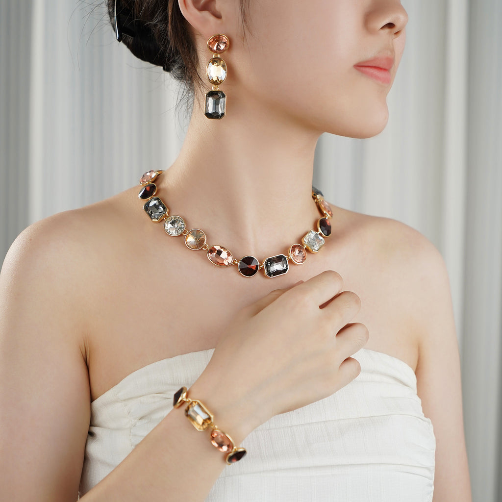 Art Deco Jewelry Set with Multi Color Champagne Crystals in Yellow Gold Brass with 16.5"+2"extender-Stars and Vogue