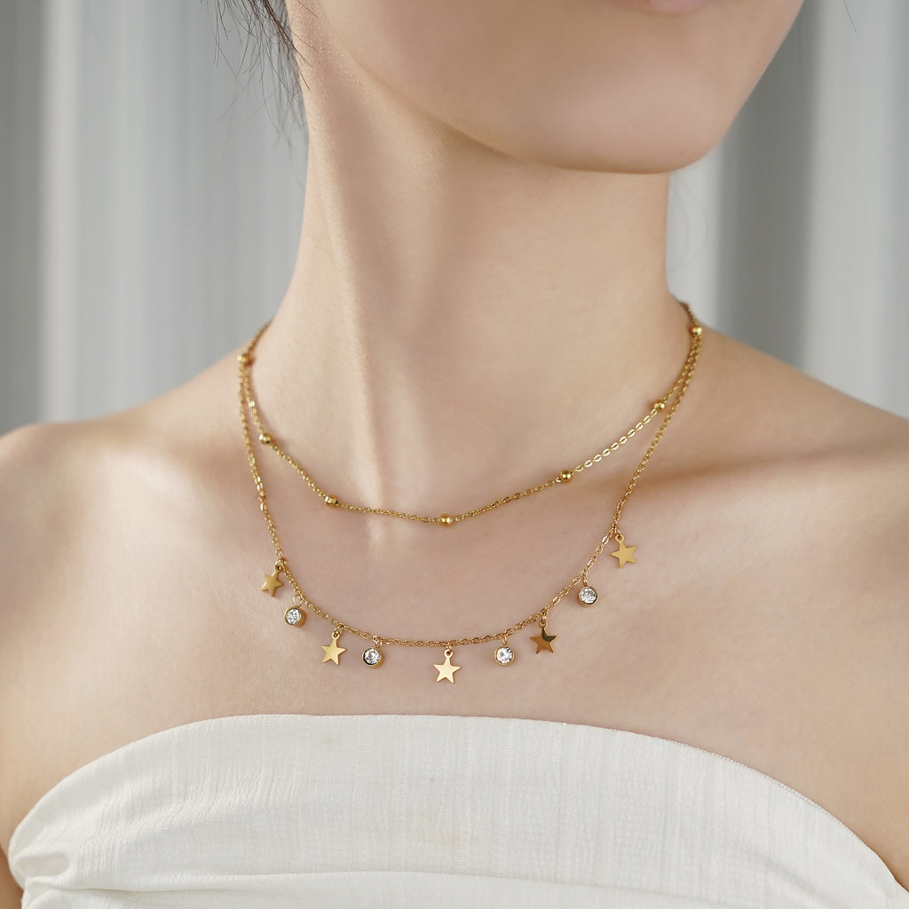 Star Charm Layered Necklace with Diamond Simulated in Stainless Steel in IP Yellow Gold 18"+2" extender- Stars and Vogue