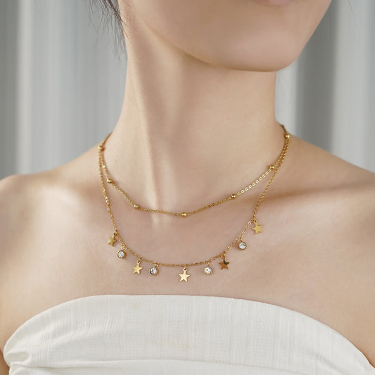 Star Charm Layered Necklace with Diamond Simulated in Stainless Steel in IP Yellow Gold 18"+2" extender- Stars and Vogue