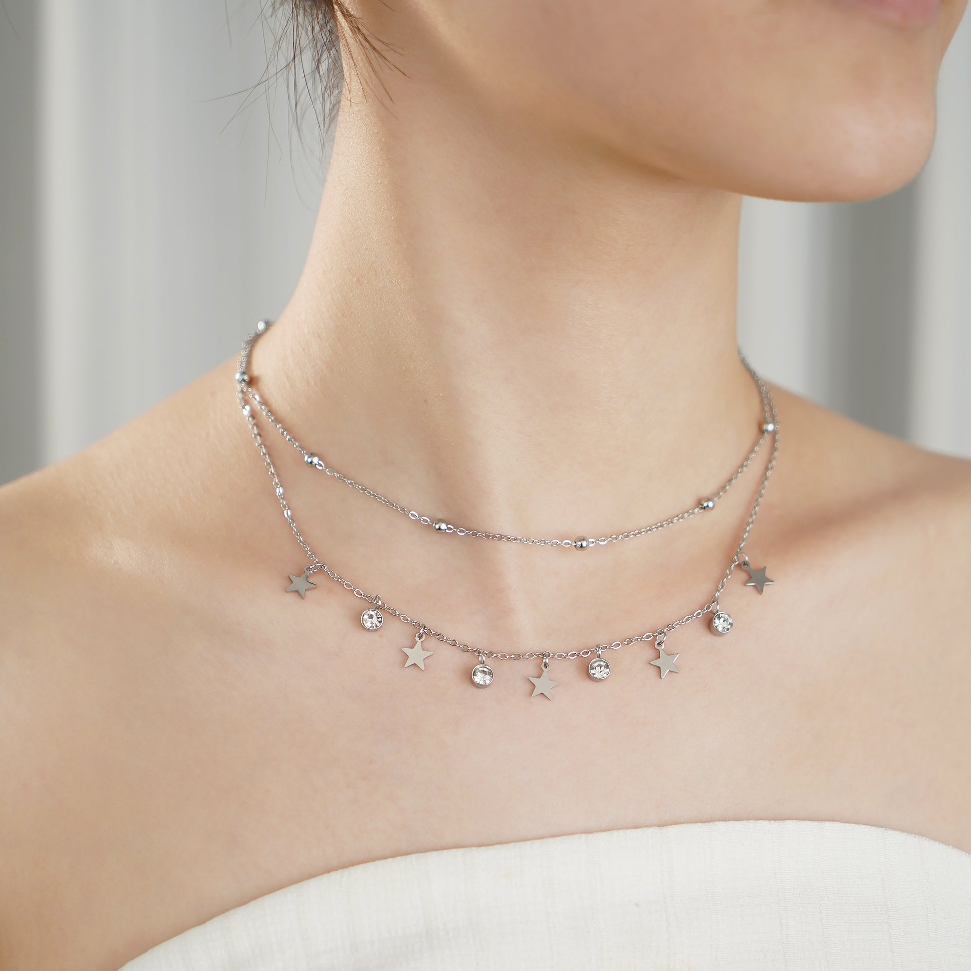 Star Charm Layered Necklace with Diamond Simulated in Stainless Steel 18"+2" extender- Stars and Vogue