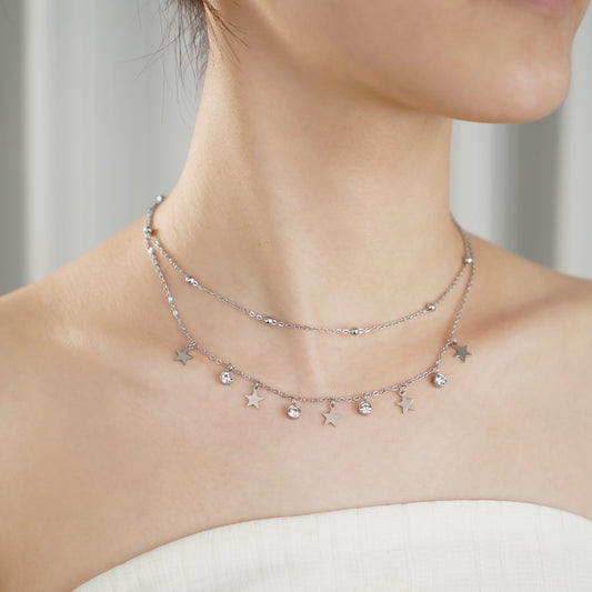 Star Charm Layered Necklace with Diamond Simulated in Stainless Steel 18"+2" extender- Stars and Vogue