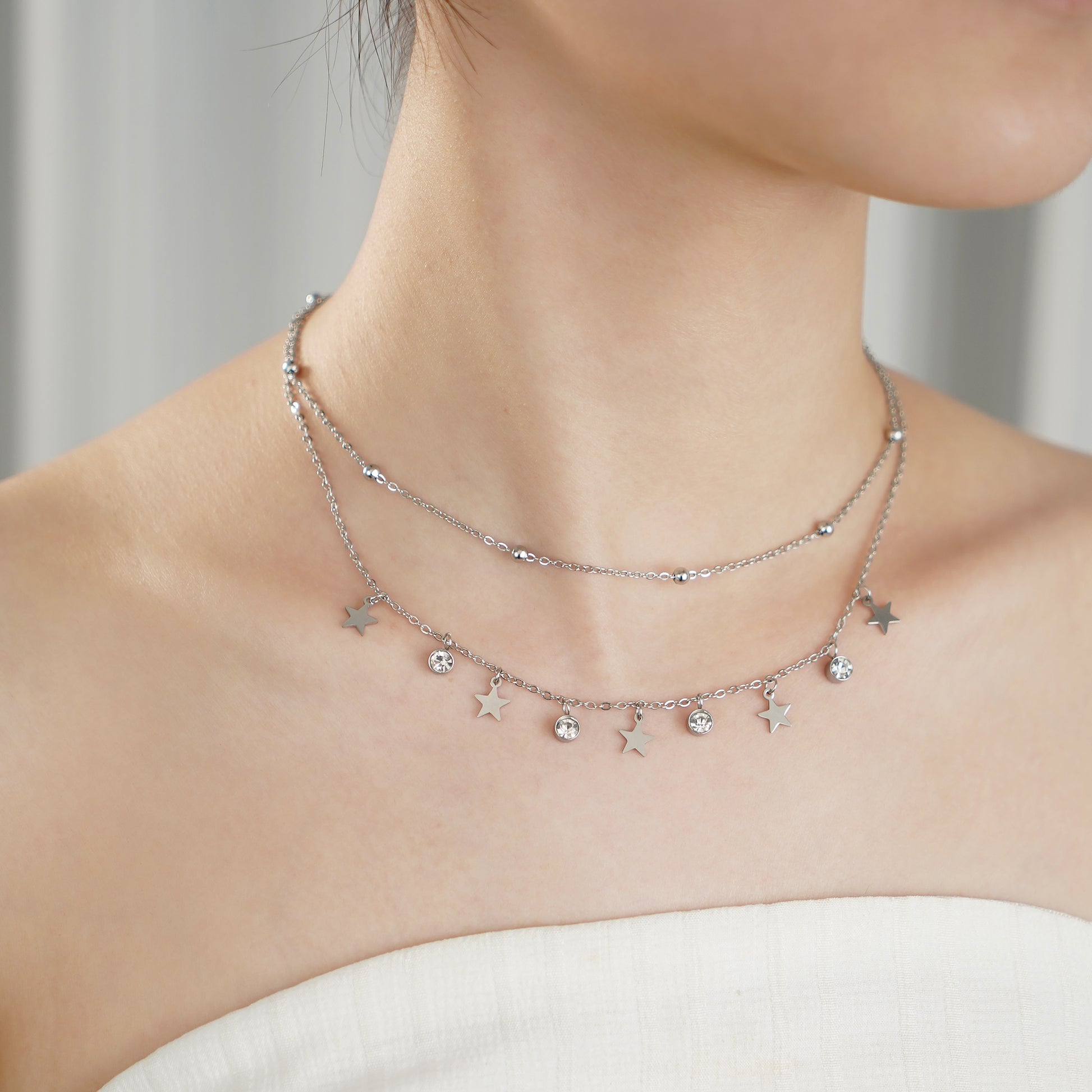 Star Charm Layered Necklace with Diamond Simulated in Stainless Steel 18"+2" extender- Stars and Vogue