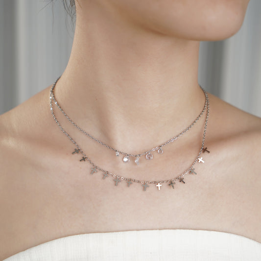 Cross Charm Layered Necklace with Diamond Simulated in Stainless Steel 18"+2" extender