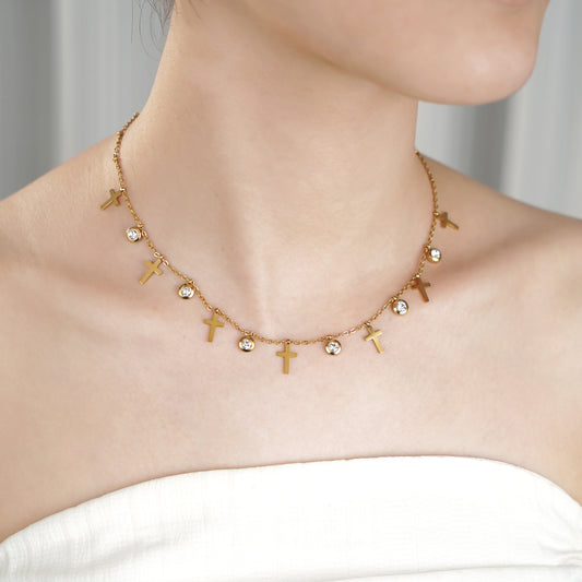 Cross Charm Necklace with Diamond Simulated in Stainless Steel in IP Yellow Gold 18"+2" extender