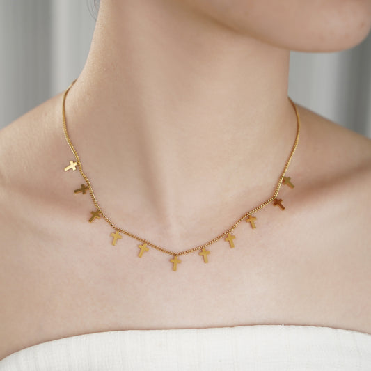 Cross Charm Necklace in Stainless Steel in IP Yellow Gold 18"+2" extender