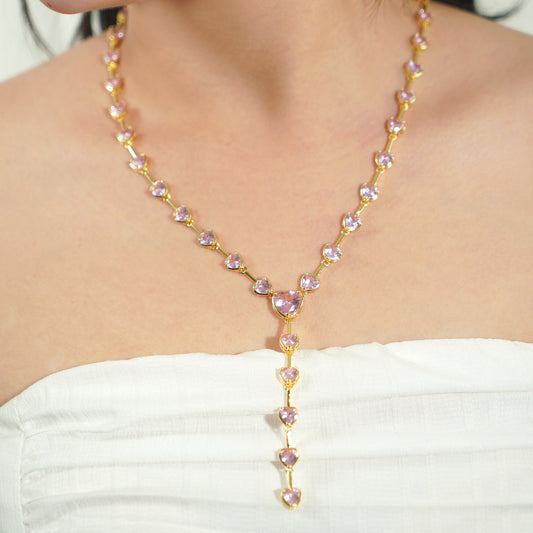 Tennis Necklace in Fancy Heart-Cut sparkling Simulated Pink Diamond CZ in Yellow Gold Over Brass