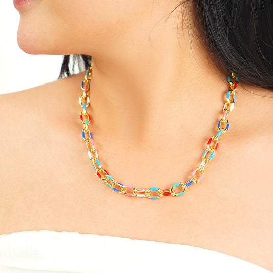 Paper Clip Enamel Necklace Jewelry Yellow Gold Plated 16 inch with 2" extender
