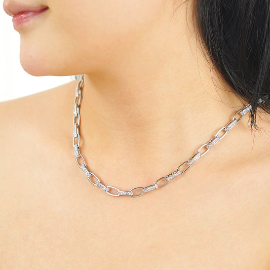 Paper clip chain Necklace with pave simulated diamond 16 inch