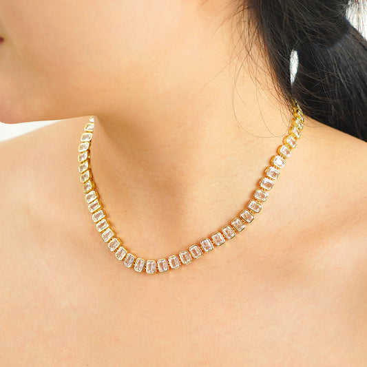 Tennis Necklace in Emerald Cut Bezel Set Simulated Diamond CZ in yellow gold plated Brass 16 inch