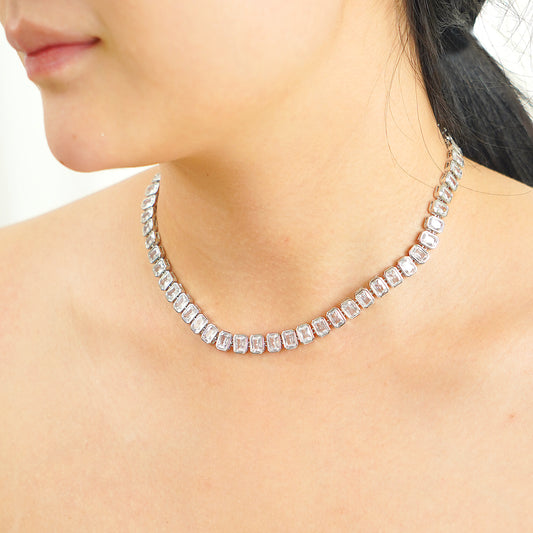 Tennis Necklace in Emerald Cut Bezel Set Simulated Diamond CZ in silver plated Brass 16 inch