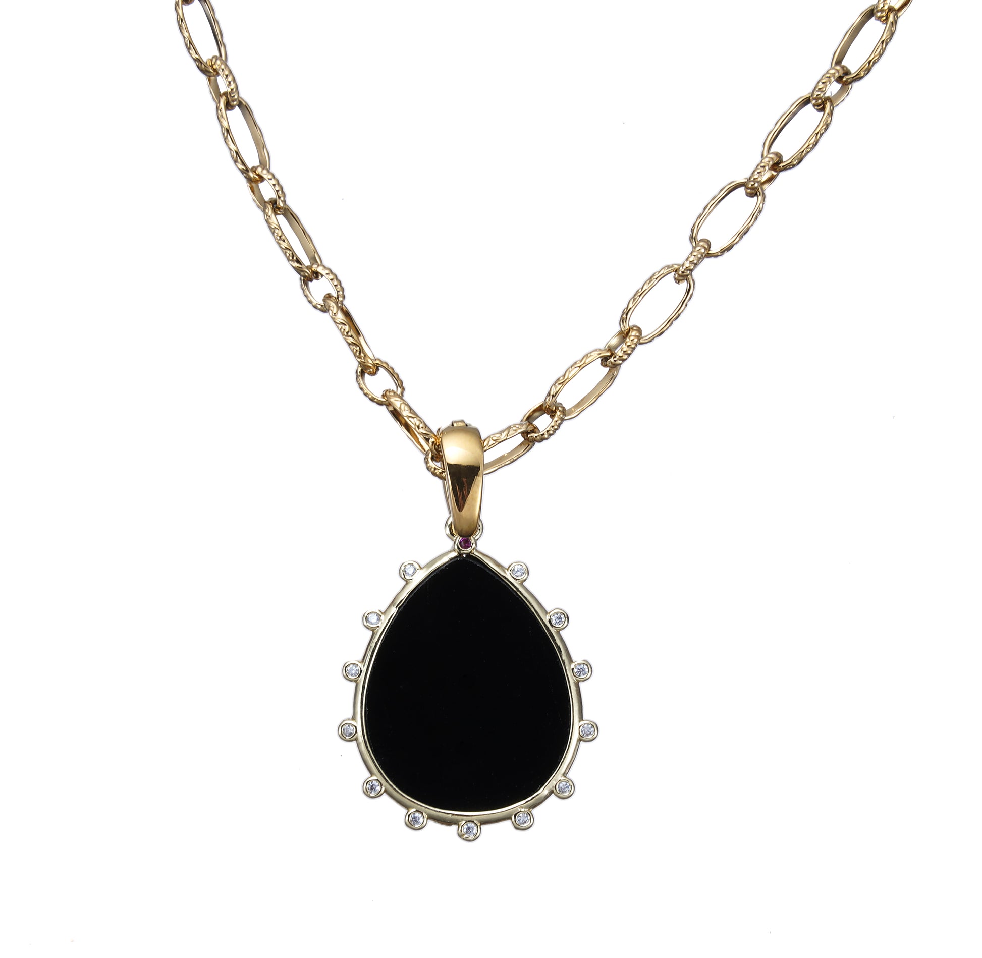 Gold necklace with a black Lapis Gemstone pendant on a white background