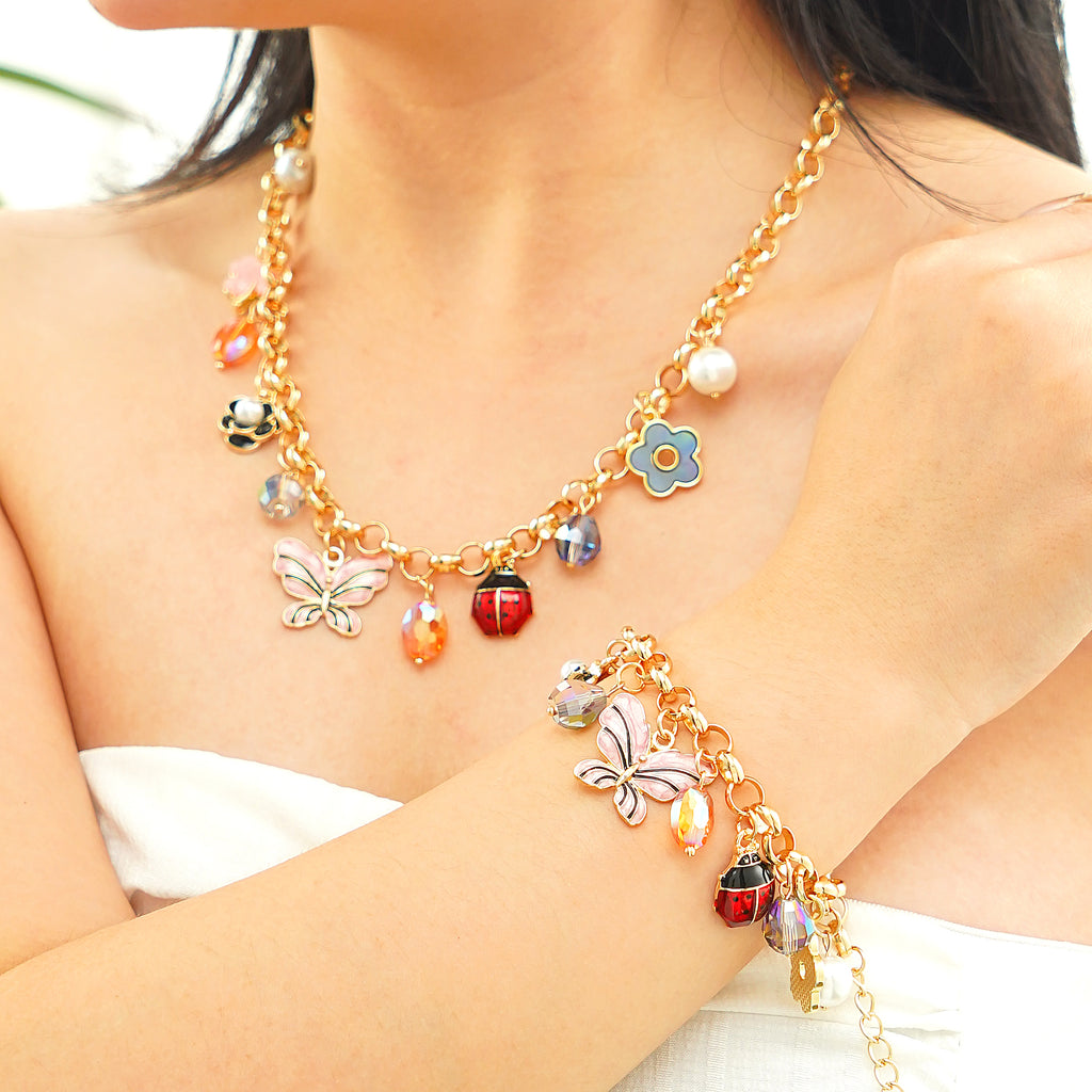 Spring Nature inspired Charm Necklace and Bracelet Jewelry Set