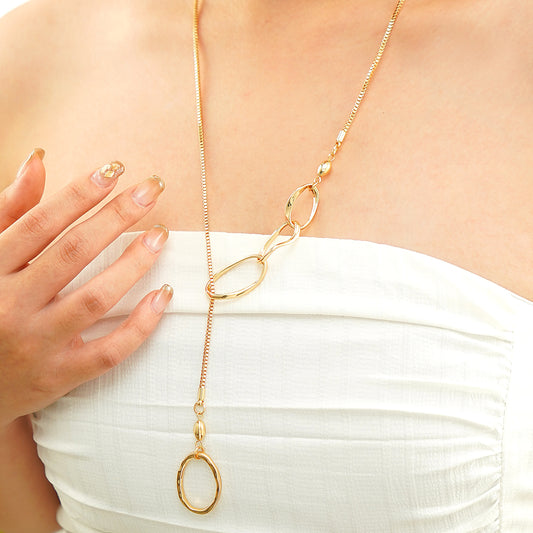 Open Circle Lariat Necklace in Yellow Gold Plating