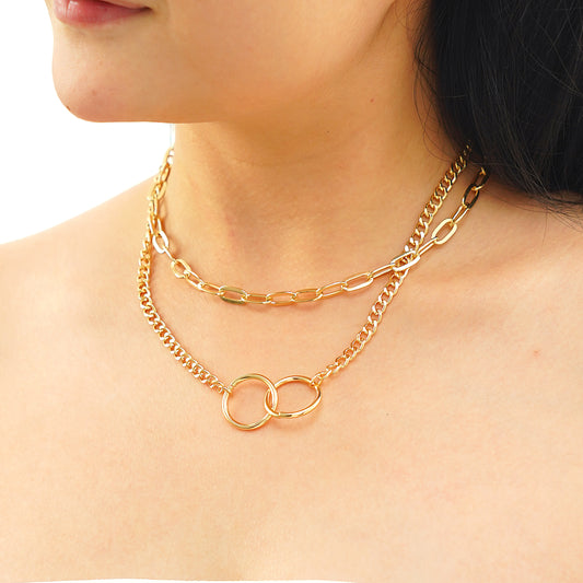 Double Layered Chain Double Circle Necklace in Yellow Gold plating