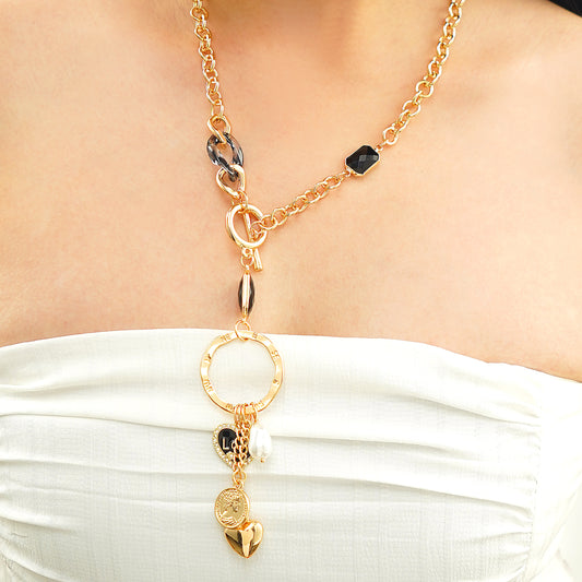 Love Luck Multi Charm Lariat Necklace in Yellow Gold Plating