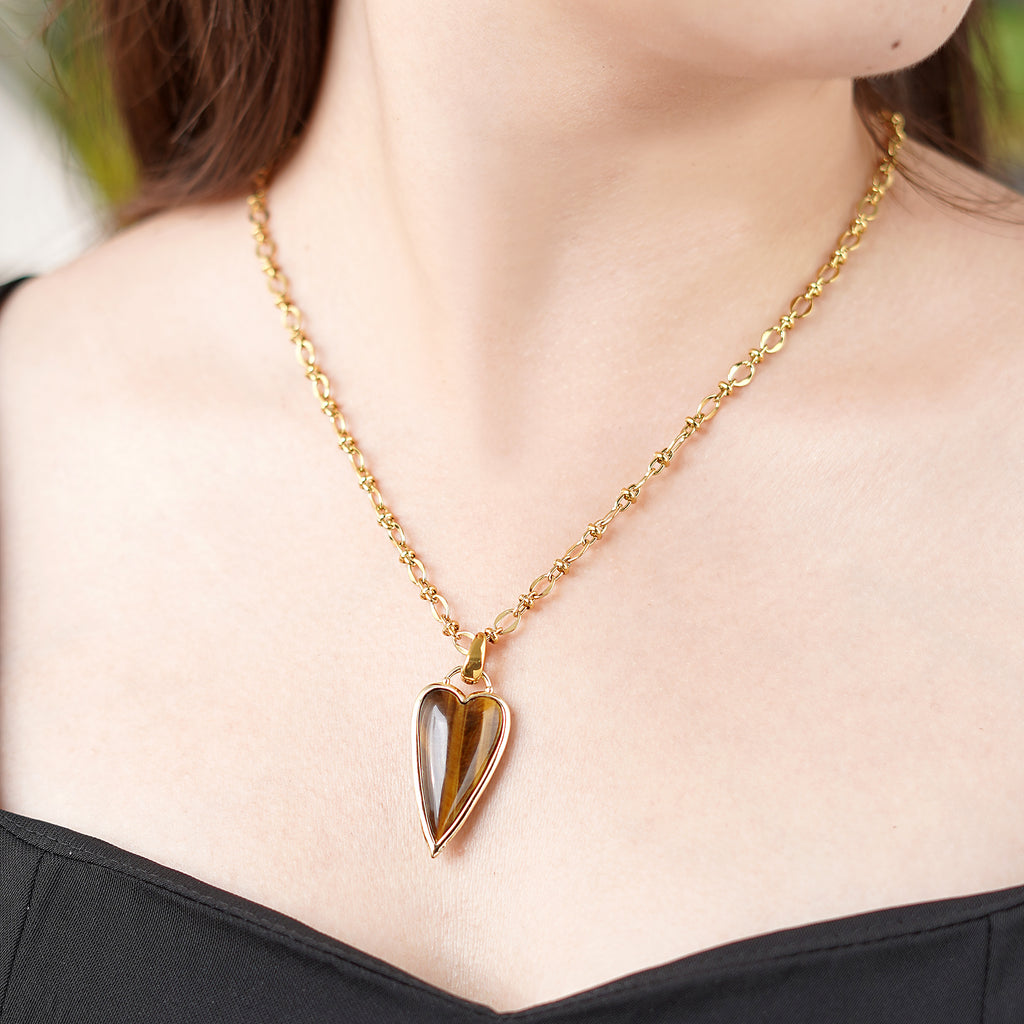 Natural Tiger’s Eye Heart Necklace – IP Gold-Plated Valentine Gift