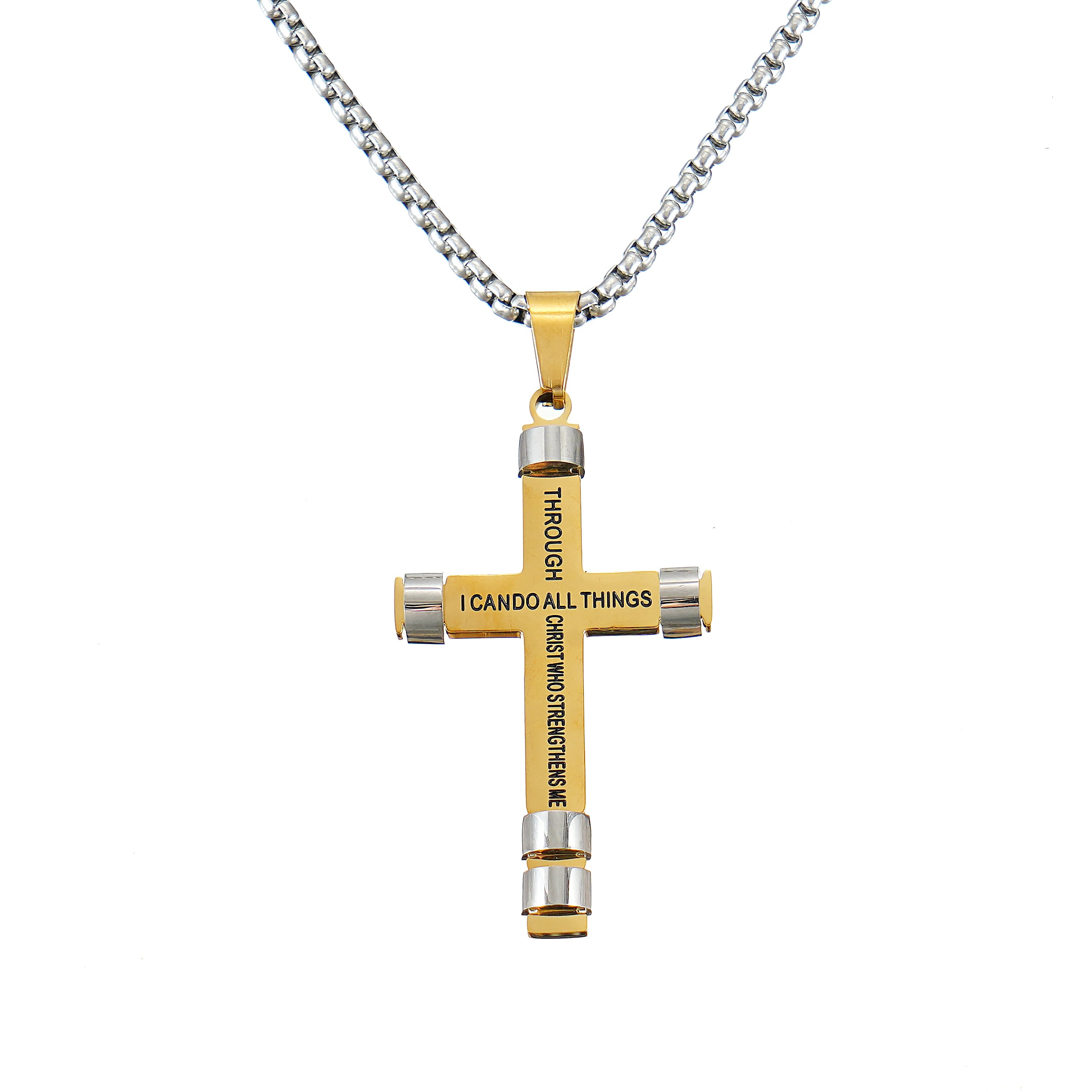 "I can do all things through Christ who strengthens me" Cross Necklace in Surgical water resistant IP Yellow Gold Plated Stainless Steel 24 inch