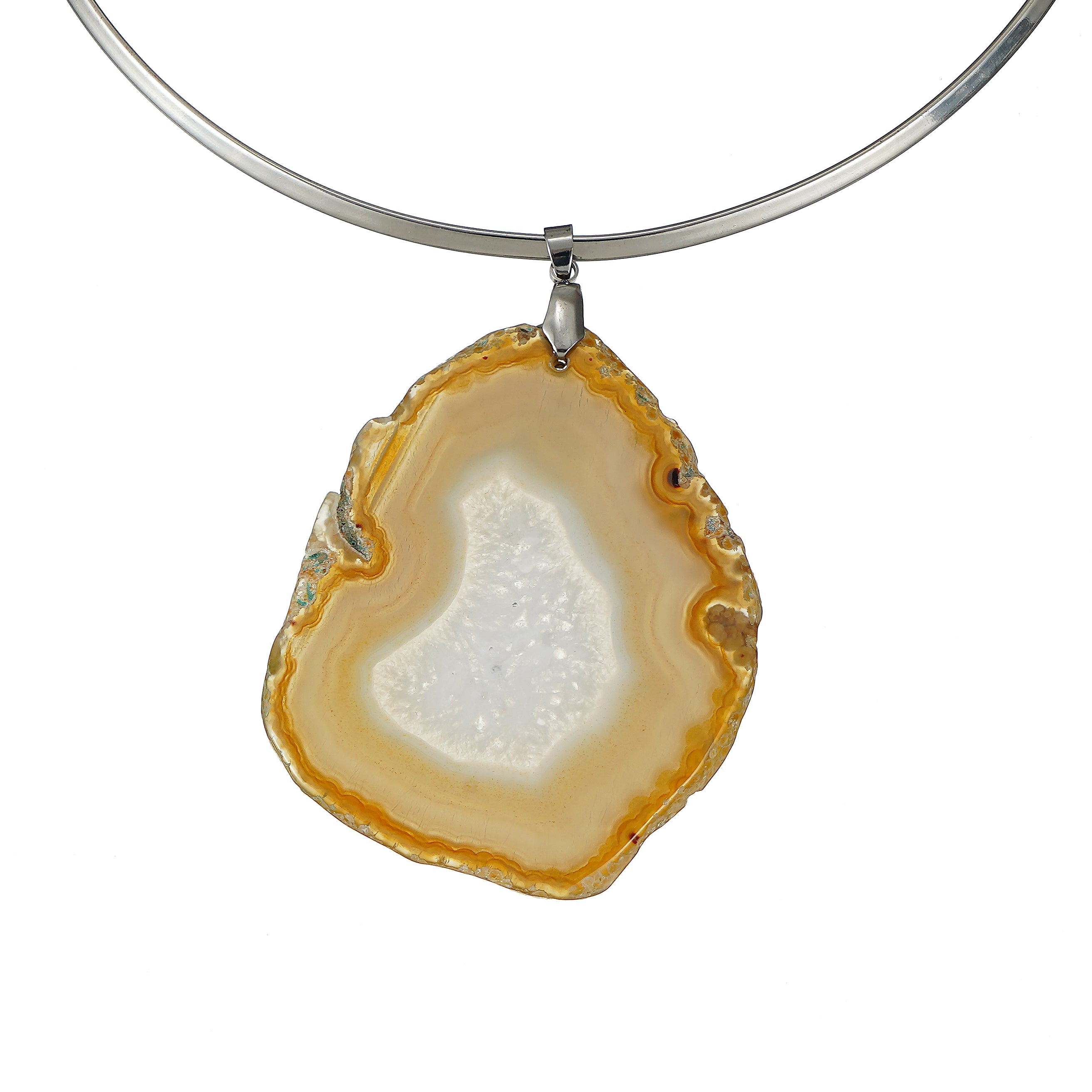 atural Slice Agate Pendant Necklace Jewelry with Surgical Steel Collar Neck Wire