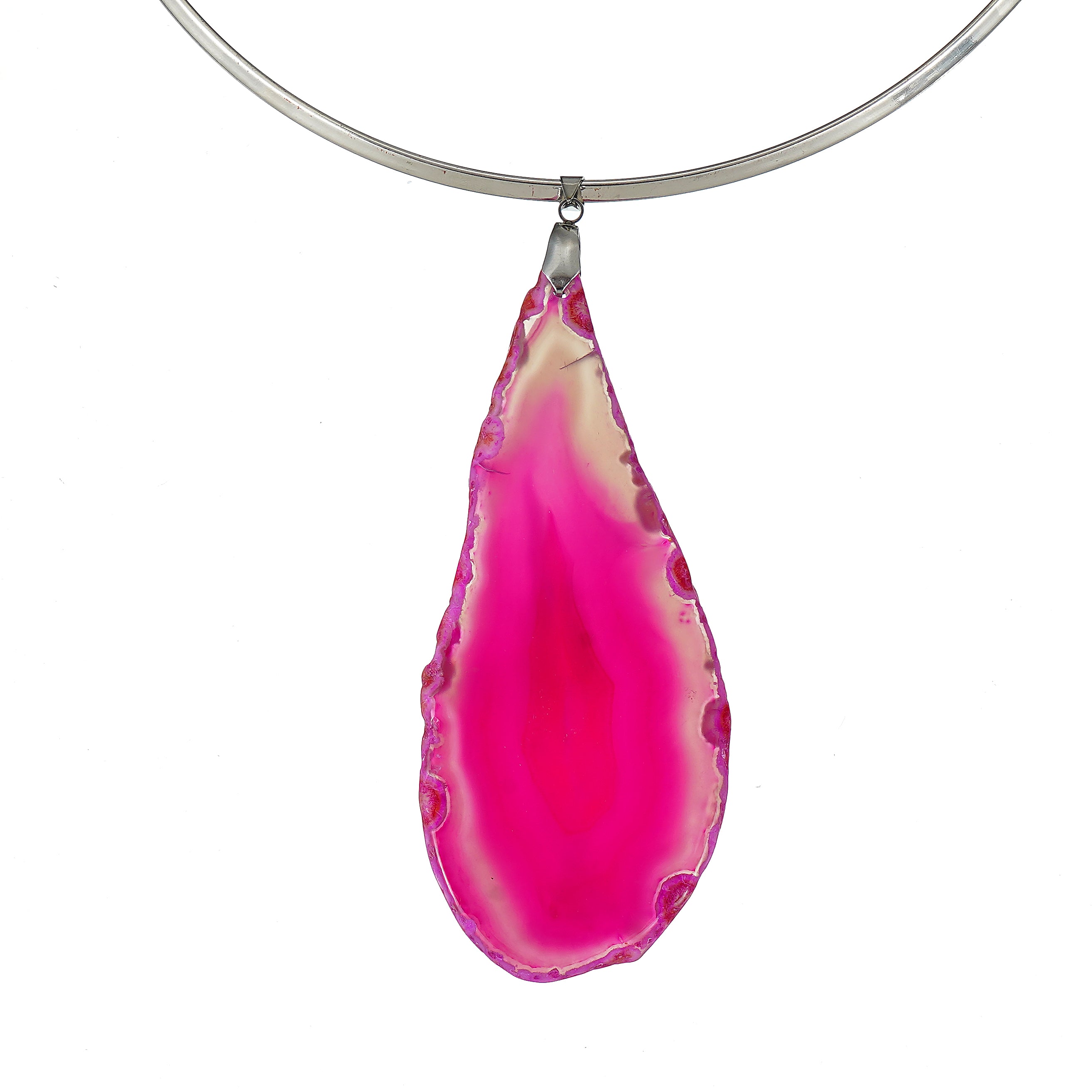 Fuchsia Slice Agate Pendant Necklace Jewelry with Surgical Steel Collar Neck Wire
