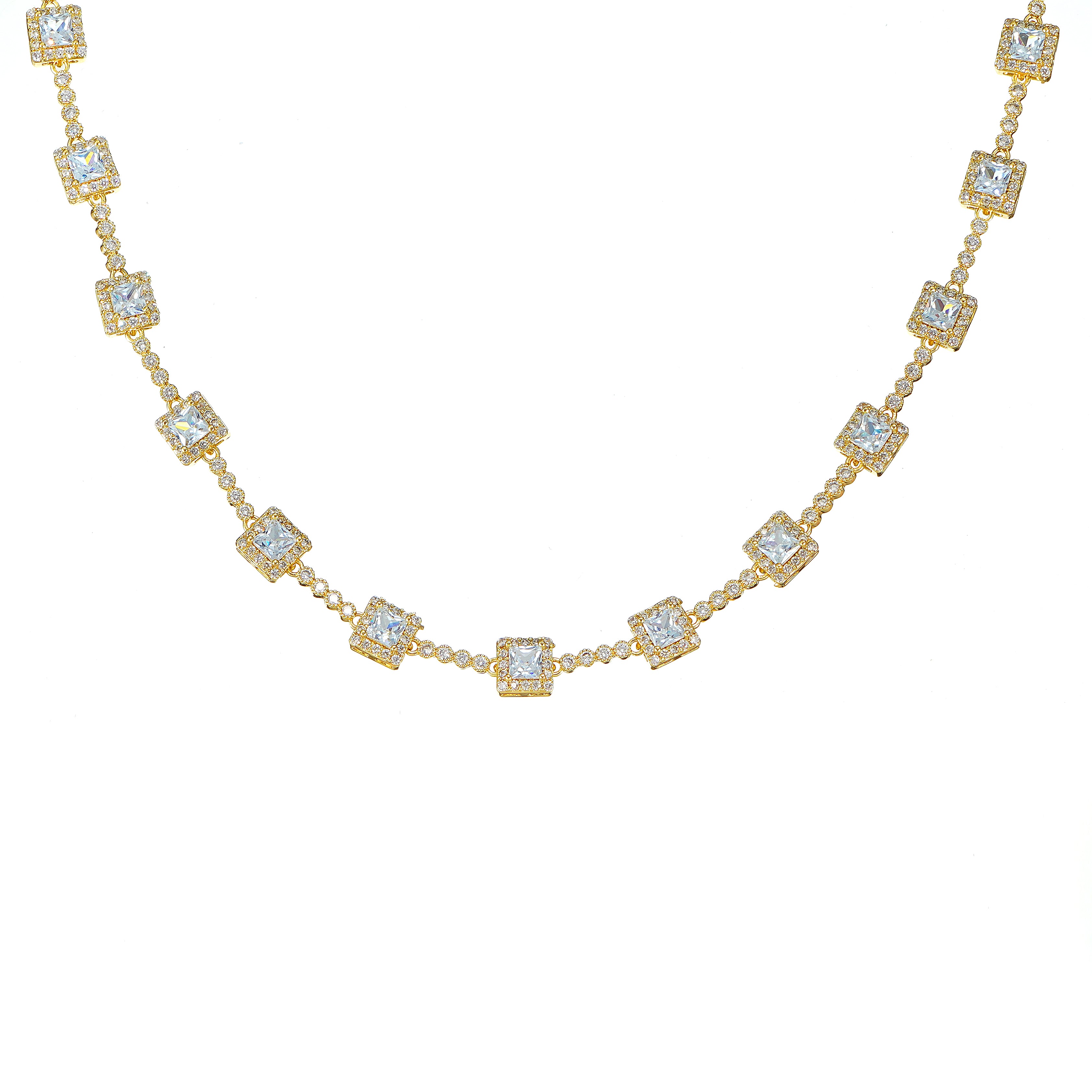 Princess Cut Tennis Necklace- Gold plated 16 inch + extender